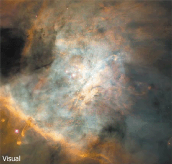 Gugus Trapezium di Nebula Orion. Bila diamati pada panjang gelombang visual (0.45 micron), protogugus tidak akan terlihat, namun pengamatan dalam panjang gelombang inframerah (2 mikron) dapat menembus awan antar bintang yang melingkupi protogugus tersebut.